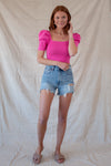 Short Puff Sleeve Knit Crop - Pink