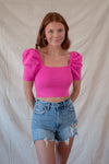 Short Puff Sleeve Knit Crop - Pink