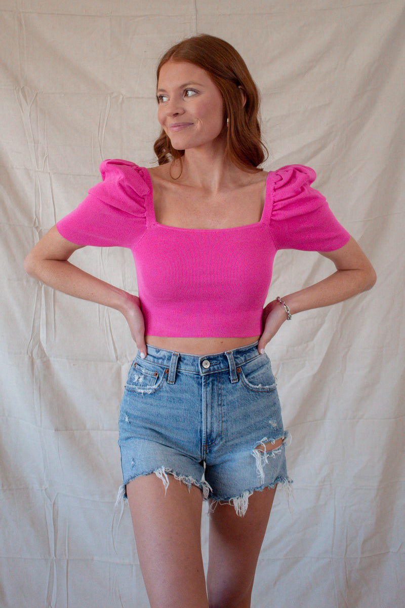 Short Puff Sleeve Knit Crop - Pink