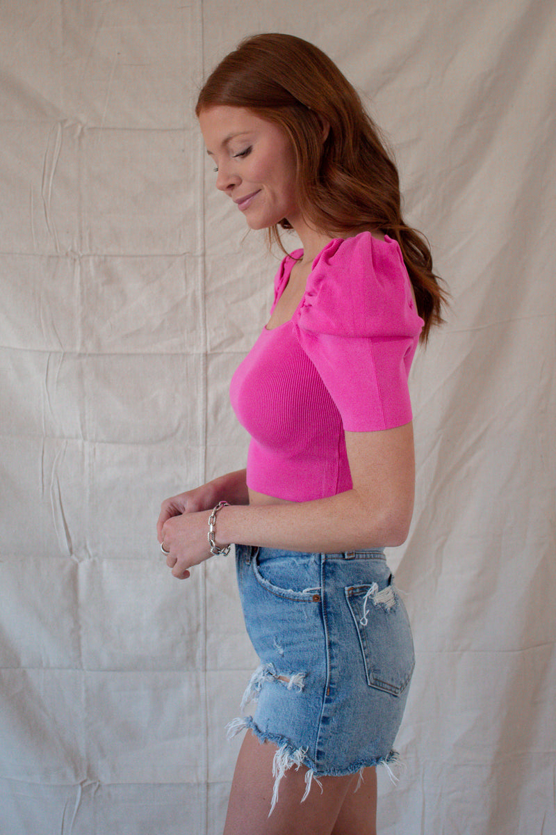 Short Puff Sleeve Knit Crop - Pink