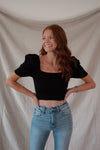 Short Puff Sleeve Knit Crop - Black