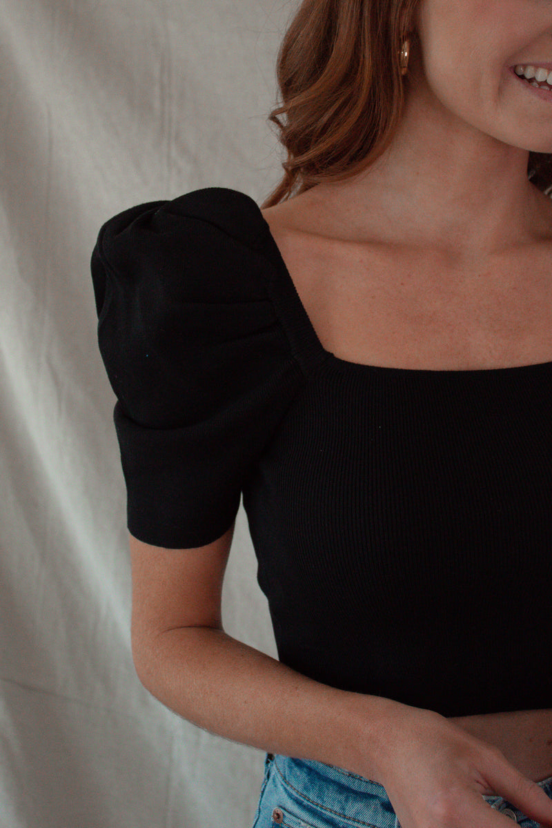 Short Puff Sleeve Knit Crop - Black