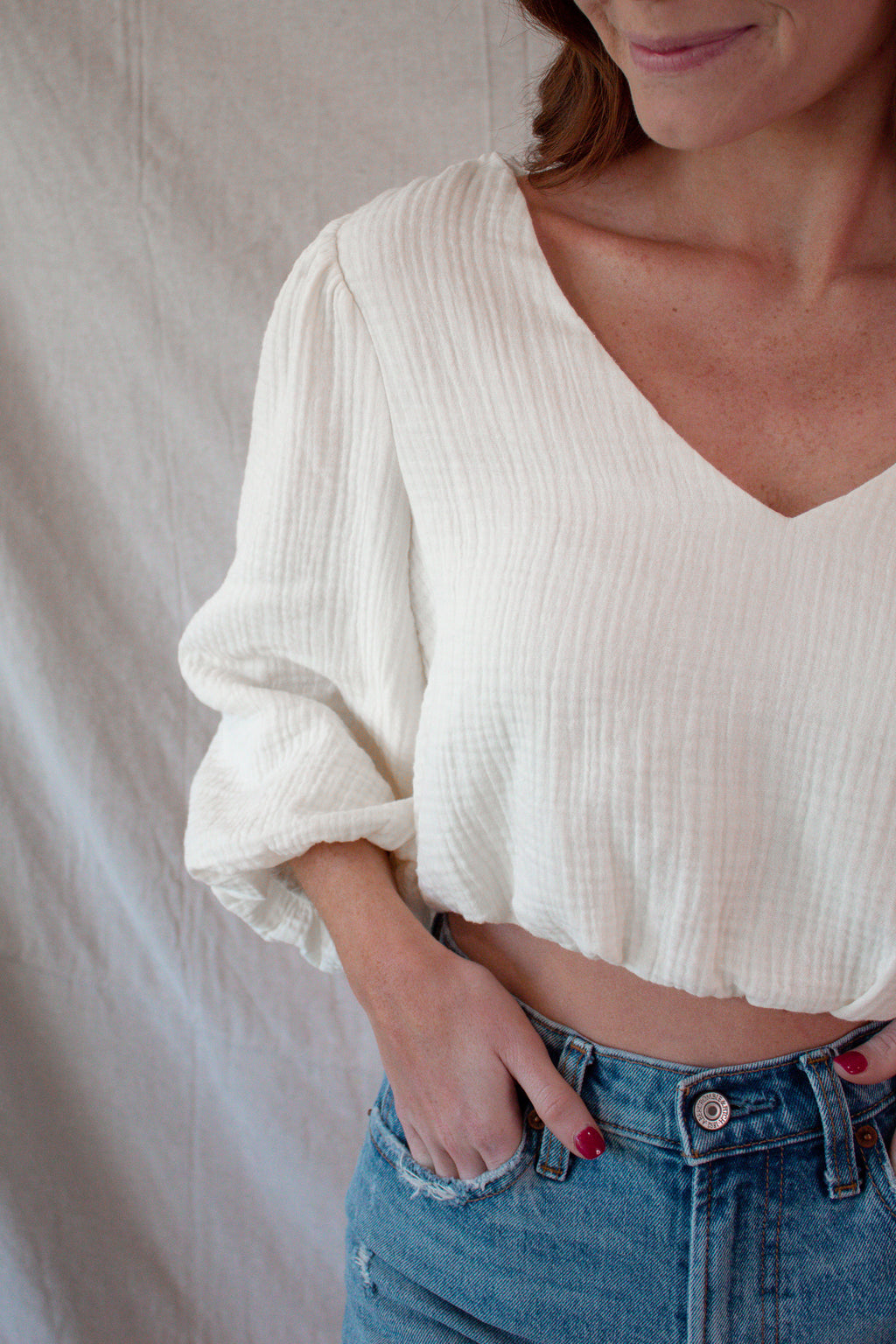 Cream Crinkled 3/4 Sleeve Top