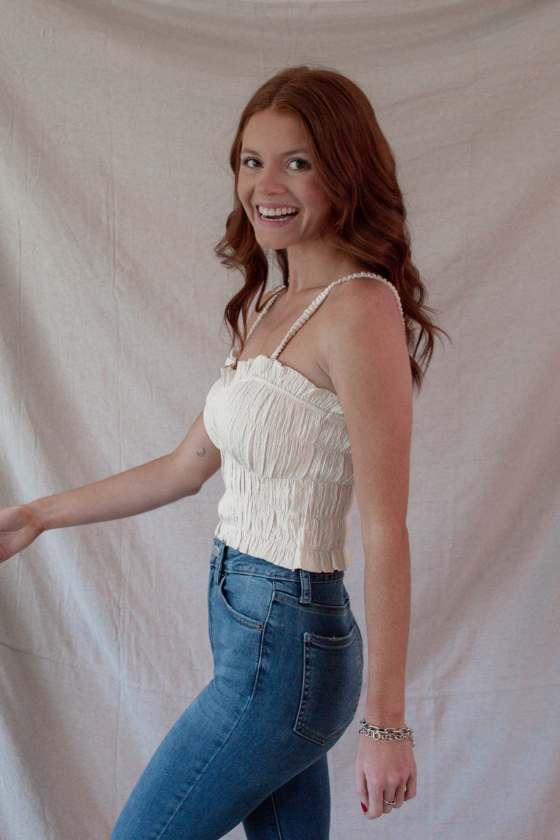 Sandy Cream Ruched Crop Tank