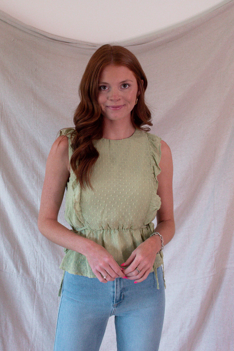 Green Textured Ruffle Sleeve Top