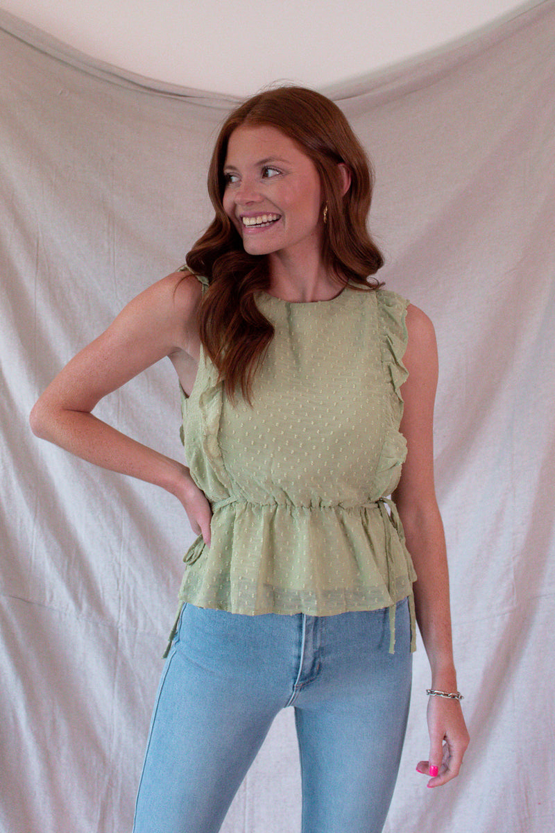 Green Textured Ruffle Sleeve Top