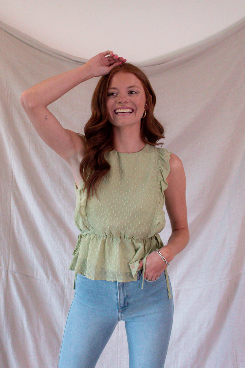 Green Textured Ruffle Sleeve Top