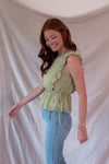 Green Textured Ruffle Sleeve Top