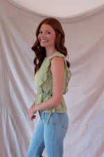 Green Textured Ruffle Sleeve Top