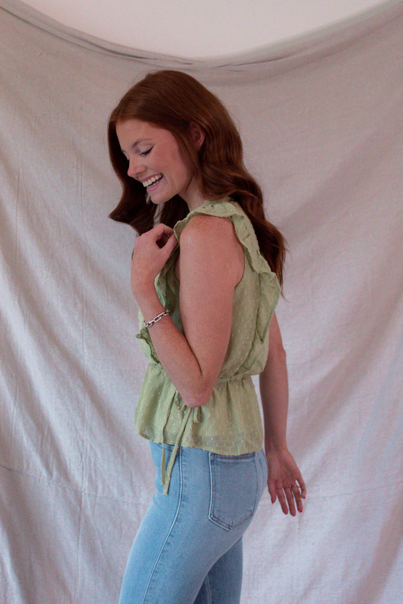 Green Textured Ruffle Sleeve Top