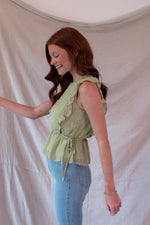 Green Textured Ruffle Sleeve Top