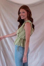 Green Textured Ruffle Sleeve Top