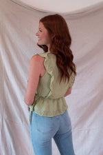 Green Textured Ruffle Sleeve Top